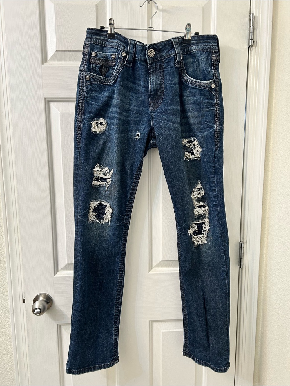 Y2K Style Rock Revival Men's Distressed Dark Blue Straight Jeans